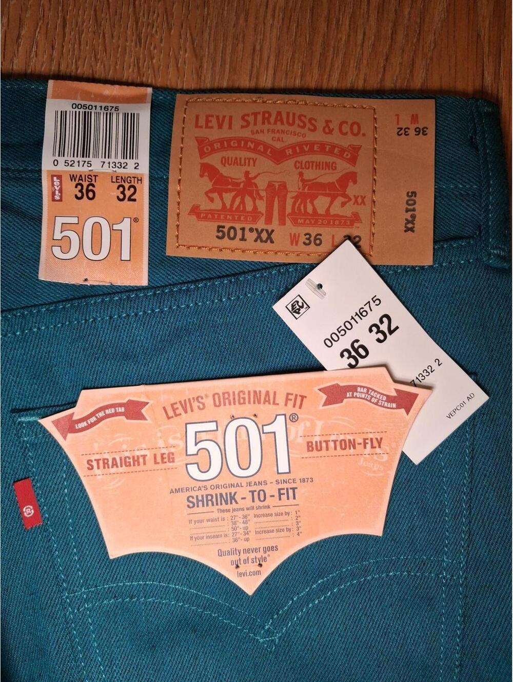 NEW Levis 501 Jeans 36x32 Teal Geen Cotton Straight Leg - Picture 2 of 11